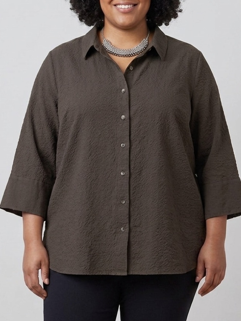 Addition Elle Grey Crinkle Cotton Blend Button Front Shirt 4X